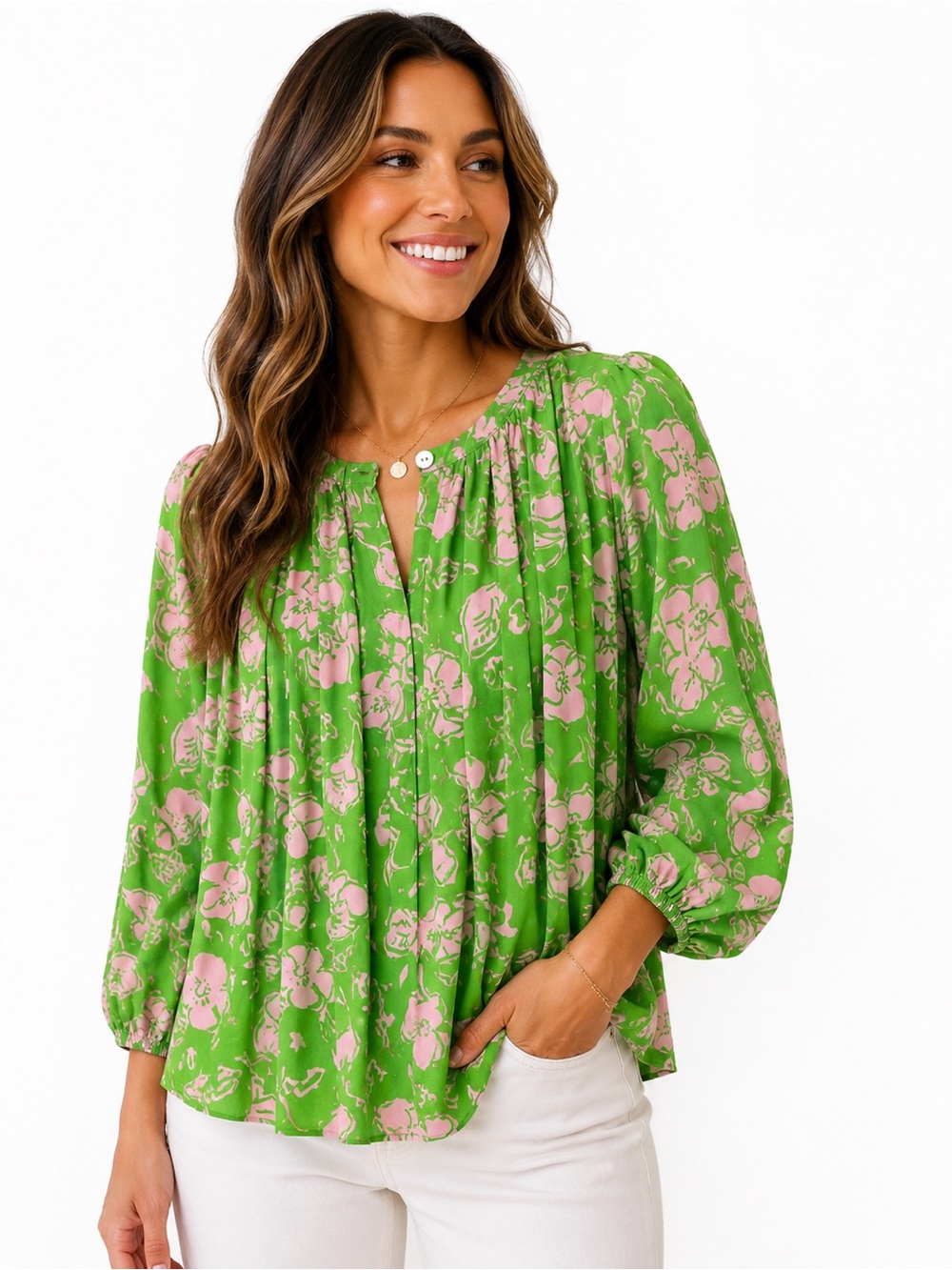 Sanctuary Bright Green Blouse with Pink Floral Print